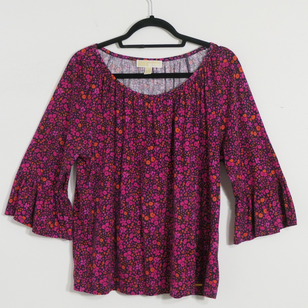 Michael Kors Women Blouse L Pink Floral Boho Flutter Sleeve Feminine Cottagecore